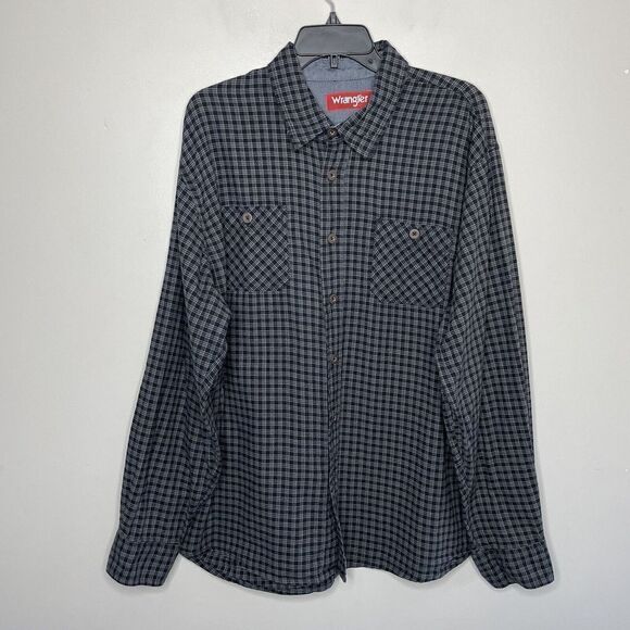 WRANGLER Shirt Mens XXL Flannel Check Plaid Button-Up Black Gray Cotton Pockets - Picture 1 of 7